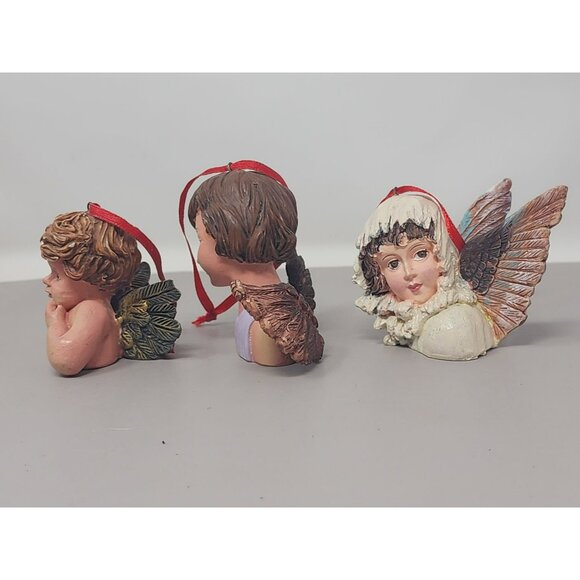 Set Of 3 Angel Head‎ Christmas Tree Ornaments With Red Ribbon Hangers - Picture 2 of 12